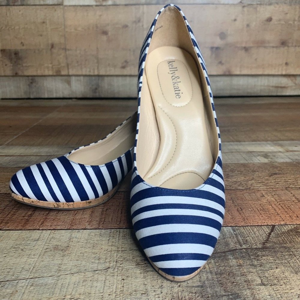 Kelly & Katie Blue White Striped Pumps Cork 7.5